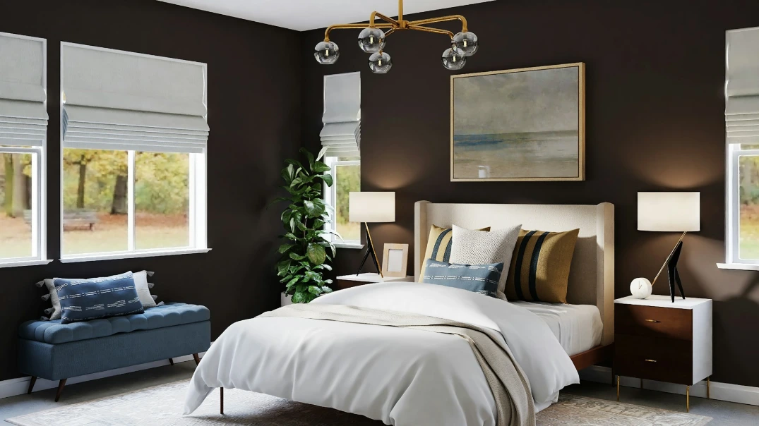 white bed linen and blue chairs